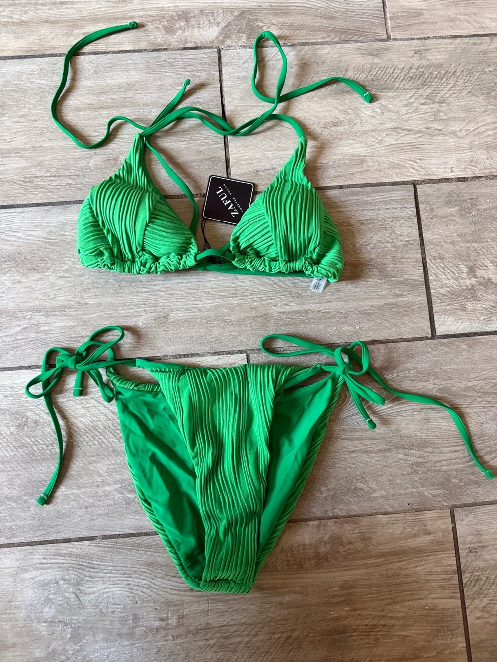 Zaful Bright Green Textured Tie-Side Bikini